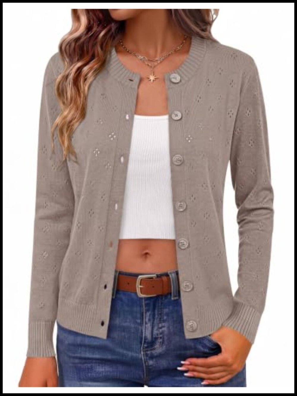 Viscose Blend Knit Cardigan Button Down Crew Neck Lightweight